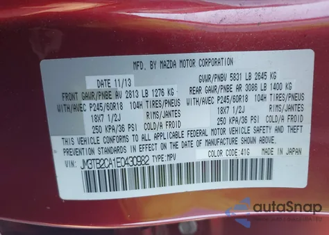 2014 Mazda Cx-9 Touring from USA, damaged, VIN JM3TB2CA1E0430982